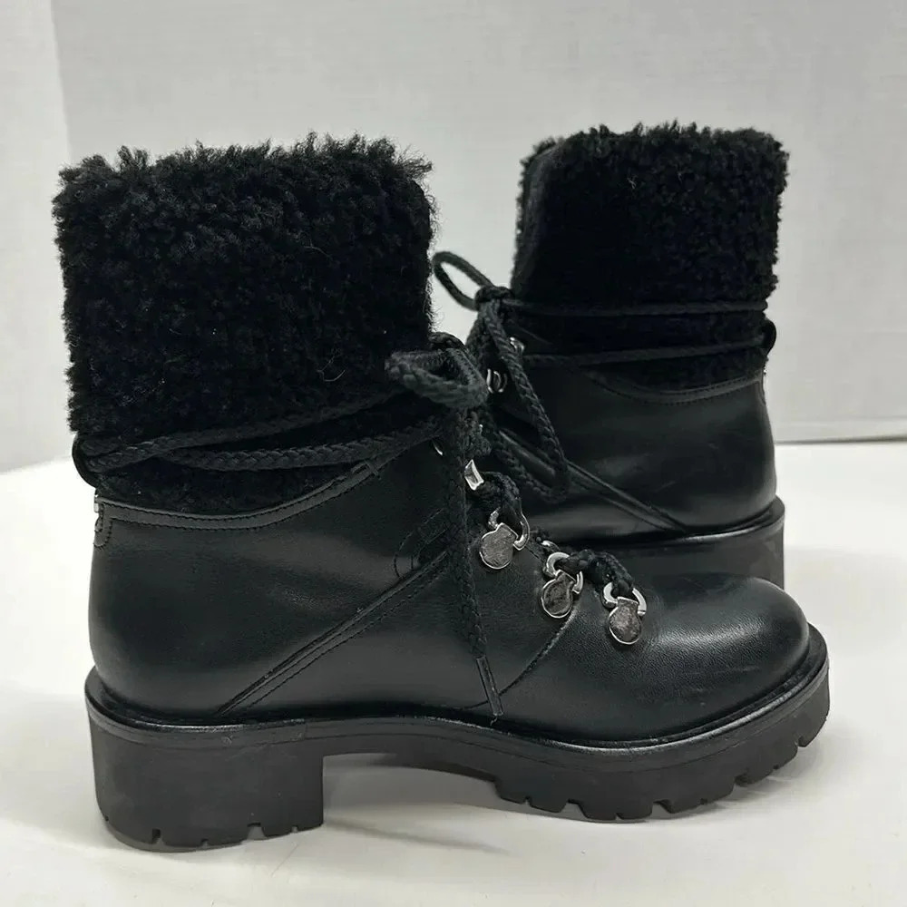 Aquatalia Waterproof Lace Up Moto Combat Winter Boots Leather Sherpa Black 6.5